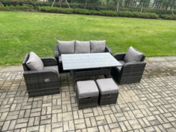 Fimous Rattan Garden Furniture 6 Piece Grey Patio Furniture Set Patio 7 Seater Set Outdoor Rectangular Table And Chairs - thumbnail 2