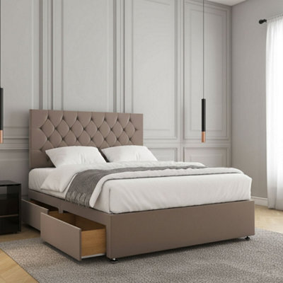 REGIONAL FURNISHINGS Mink Plush Velvet Divan Bed Set Upholstered With 24Inch Headboard 2Drawersfootend & Mattress In 4Ft 4Ft6 5Ft 6Ft Sizes - image 1