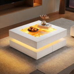 Btm White High Gloss Coffee Table With 3 Drawers Led Lighting Glass Top Storage Table 70 X 70 X 35 Cm - thumbnail 2