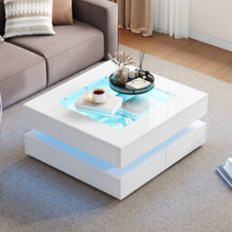 Btm White High Gloss Coffee Table With 3 Drawers Led Lighting Glass Top Storage Table 70 X 70 X 35 Cm - thumbnail 4