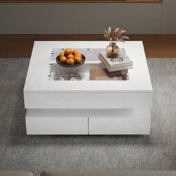 Btm White High Gloss Coffee Table With 3 Drawers Led Lighting Glass Top Storage Table 70 X 70 X 35 Cm - thumbnail 5