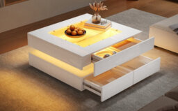 Btm White High Gloss Coffee Table With 3 Drawers Led Lighting Glass Top Storage Table 70 X 70 X 35 Cm - thumbnail 7