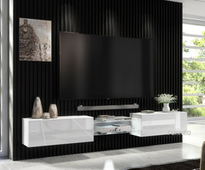Furneo White Floating Tv Cabinet 230Cm Wall Unit Modern High Gloss &matt Art 02 White Led Lights - image 1