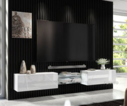 Furneo White Floating Tv Cabinet 230Cm Wall Unit Modern High Gloss &matt Art 02 White Led Lights - thumbnail 1