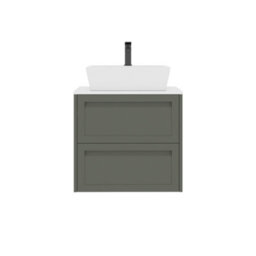 Royal Bathrooms Royal Bathroom Elmore 600mm Matt Green Wall Mounted Bathroom Vanity Unit 2 Drawer Plain White Worktop With Cube Basin - thumbnail 7