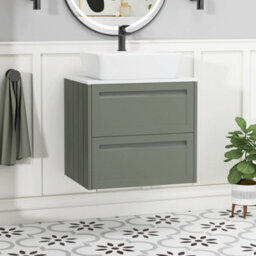 Royal Bathrooms Royal Bathroom Elmore 600mm Matt Green Wall Mounted Bathroom Vanity Unit 2 Drawer Plain White Worktop With Cube Basin - thumbnail 1