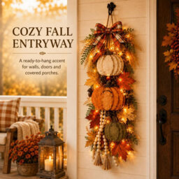 Amorly Rustic Wooden Pumpkin Door Hanging With Warm Led Lights, Fall Swags For Front Door Hanging Pumpkin Decorations For Porch, Entryway - thumbnail 7