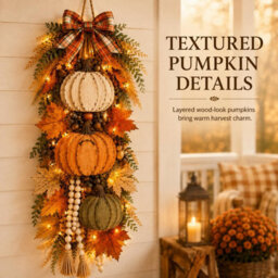 Amorly Rustic Wooden Pumpkin Door Hanging With Warm Led Lights, Fall Swags For Front Door Hanging Pumpkin Decorations For Porch, Entryway - thumbnail 3