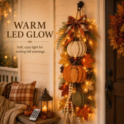 Amorly Rustic Wooden Pumpkin Door Hanging With Warm Led Lights, Fall Swags For Front Door Hanging Pumpkin Decorations For Porch, Entryway - thumbnail 2