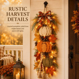 Amorly Rustic Wooden Pumpkin Door Hanging With Warm Led Lights, Fall Swags For Front Door Hanging Pumpkin Decorations For Porch, Entryway - thumbnail 1