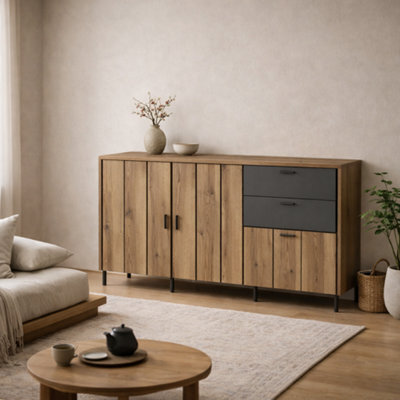 Wyld Haus Nightbloom Grey & Oak Effect Sideboard - 3 Door 2 Drawer Metal Legs - image 1