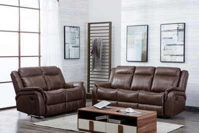 Furnishings For Less UK New Hampshire Tan Brown 2 Piece Leather Aire Reclining Sofa Suite Recliner 3 Seater And 2 Seater - image 1