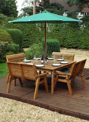 Charles Taylor 8 Seater Wooden Square Table & 4 X Garden Benches Parasol Green - image 1