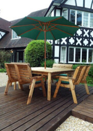 Charles Taylor 8 Seater Wooden Square Table & 4 X Garden Benches Parasol Green - thumbnail 3