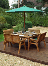 Charles Taylor 8 Seater Wooden Square Table & 4 X Garden Benches Parasol Green - thumbnail 1