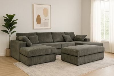 Eco Living Havenjumbo Cord Large Corner Sofa With Footstool