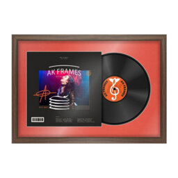 "AK Frames 25X17"" Walnut Sleek Vinyl Record Frame With Poppy Red Mount For 12 Inch Lp Cover & Disc - Overlapped Design"