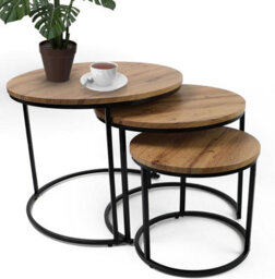 Divchi Round Nesting Set Of 3, Modern Wooden Look With Metal Base Coffee Side Tables For Small Spaces - thumbnail 1