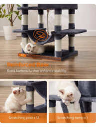 LEDREM Cat Tree, 168 Cm Large Cat Tower Condo With 13 Scratching Posts, 1 Scratching Ramp, 2 Perches, 2 Caves, Basket, Hammock, Pompoms, - thumbnail 9
