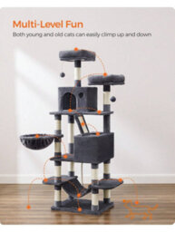 LEDREM Cat Tree, 168 Cm Large Cat Tower Condo With 13 Scratching Posts, 1 Scratching Ramp, 2 Perches, 2 Caves, Basket, Hammock, Pompoms, - thumbnail 4
