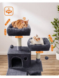 LEDREM Cat Tree, 168 Cm Large Cat Tower Condo With 13 Scratching Posts, 1 Scratching Ramp, 2 Perches, 2 Caves, Basket, Hammock, Pompoms, - thumbnail 6