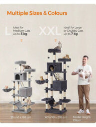 LEDREM Cat Tree, 168 Cm Large Cat Tower Condo With 13 Scratching Posts, 1 Scratching Ramp, 2 Perches, 2 Caves, Basket, Hammock, Pompoms, - thumbnail 2