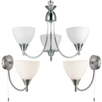 3 Lamp Ceiling & 2X Wall Light Pack Satin Chrome Glass Matching Indoor Fittings - image 1