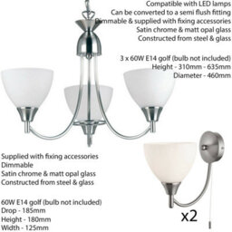 3 Lamp Ceiling & 2X Wall Light Pack Satin Chrome Glass Matching Indoor Fittings - thumbnail 2