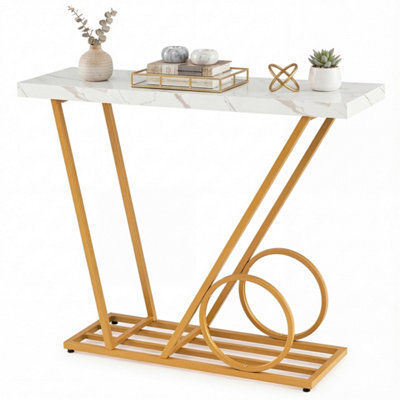 100Cm Console Table With Metal Frame Faux Marble Finish Accent Table - image 1