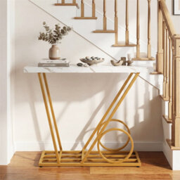 100Cm Console Table With Metal Frame Faux Marble Finish Accent Table - thumbnail 3