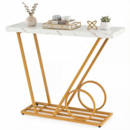 100Cm Console Table With Metal Frame Faux Marble Finish Accent Table - thumbnail 1