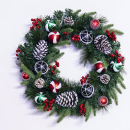 Christmas Tree World 50Cm Decorated Mixed Pine Wreath With Red Green & Black Baubles - thumbnail 2