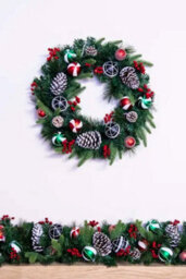 Christmas Tree World 50Cm Decorated Mixed Pine Wreath With Red Green & Black Baubles