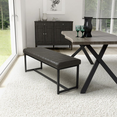Hudson Brownish Grey Leather Effect Bench - Black Metal Frame - image 1