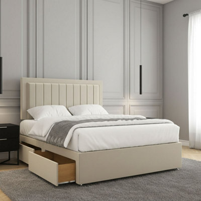 REGIONAL FURNISHINGS Cream Plush Velvet Divan Bed Set Upholstered 24Inch Headboard & 2Drawers Sameside & Mattress In 3Ft 4Ft 4Ft6 5Ft 6Ft Sizes - image 1