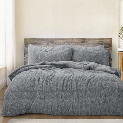Velosso Teddy Fleece Duvet Cover & Pillowcase Set, Luxurious Look & Warm Bedding, Machine Washable Bedroom Decor - Charcoal