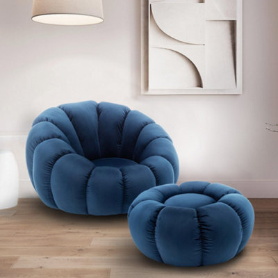 Velvet Blue Swivel Accent Chair With Footstool by B&Q - Main Image