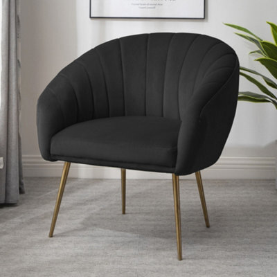 Helena 74Cm Wide Black Shell Back Velvet Fabric Accent Chair With Brass Coloured Steel Legs