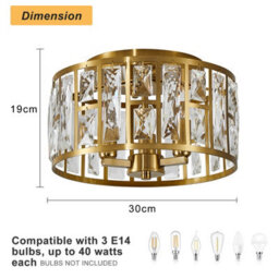 Harper Living 3-Light Flush Ceiling Lights, Crystal Ceiling Lamp Brass Finish, 30Cm Modern Chandelier Lighting - thumbnail 7