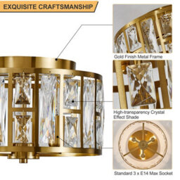 Harper Living 3-Light Flush Ceiling Lights, Crystal Ceiling Lamp Brass Finish, 30Cm Modern Chandelier Lighting - thumbnail 6