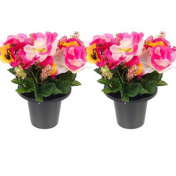 Urbn-Living Pink Pansy & Rose Set Of 2 Artificial Silk Flower Grave Pot Memorial Arrangement Graveside Cemetery - thumbnail 1