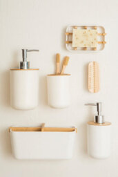 Orsina Subtle White Soap Dispenser With Bamboo Fibre Body,  Liquid Soap Pump For Hand Wash, Moisturizer Dispenser - thumbnail 8