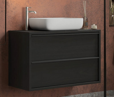 FurniComp LTD Furnicomp Verona Black Oak 2 Drawer 920mm Wall Hung Vanity Unit With Basin - image 1