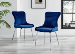 Furniturebox Set Of 2 Dining Chairs - Nora Premium Dining Chairs - Blue Velvet Chrome Leg Dining Chairs - Kitchen Dining Room Chairs