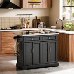 Sobuy Kitchen Trolley With 2 Drawers 4 Doors Foldable Extension 45.2X27.9X36.2 Inch Load Capacity 98 Kg Fkw71-Iii-Sch - Black