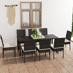 Berkfield 9 Piece Outdoor Dining Set With Cushions Poly Rattan Black - thumbnail 1