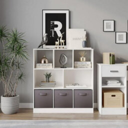 Urbn-Living Urbnliving Asymmetrical 8 Cube White Bookcase Storage Unit With 3 Fabric Drawer Inserts- Grey - thumbnail 2