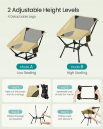 LEDREM Folding Outdoor Camping Chair With Adjustable Height, Steel Frame And 2 Storage Pockets, Brown - thumbnail 6