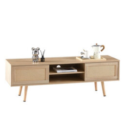 MMT Funiture Designs Tv Stand Cabinet Modern Scandi Style Light Wood Rattan Panel Sliding Doors 140Cm Wide - thumbnail 7