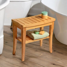 BMBO 2 Tier Wooden Side Table Shower Stool Natural Brown - thumbnail 3